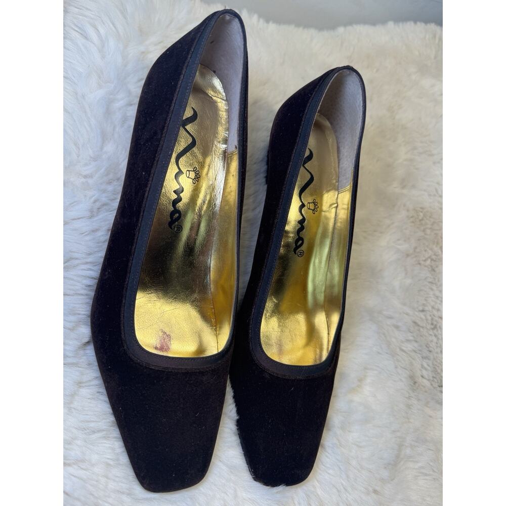 Vintage Y2k 90s Nina Pump Velvet Square Toe 7.5 Chocolate Brown Fall Wedding - Picture 9 of 15